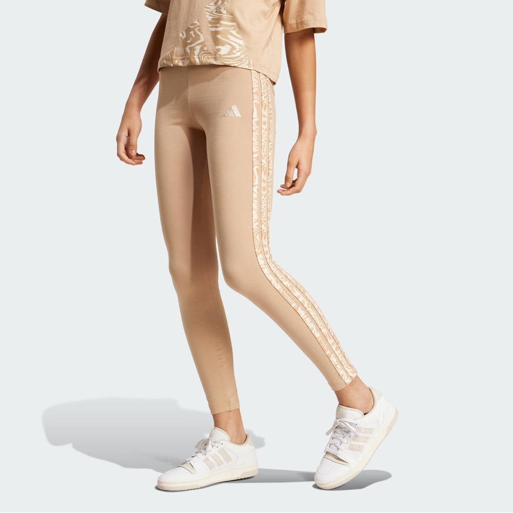 Adidas Women’s RC Essential Animal Print 3 Stripes Beige Leggings Size Large NWT